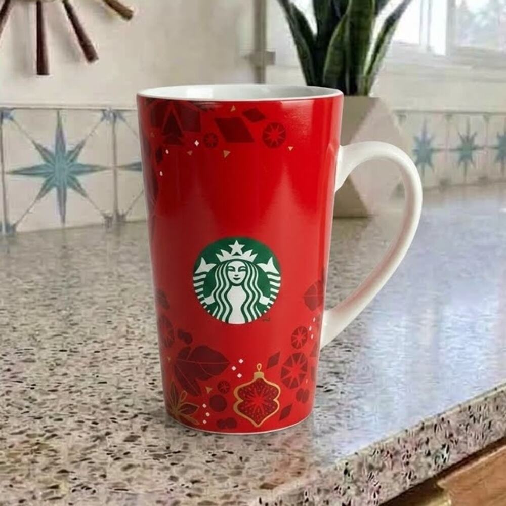 Starbucks 2013 Holiday Red Ornaments Leaves Ceramic Coffee Mug Grande 16 oz